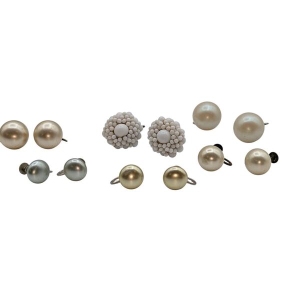 Lot of Six Pair Vintage 'Japan' Screw Back Pearl & Milk Glass Bead Earrings - Picture 2 of 7